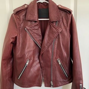 All Saints burgundy leather jacket sz 8